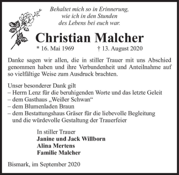 Traueranzeige von Christian Malcher  von Magdeburger Volksstimme
