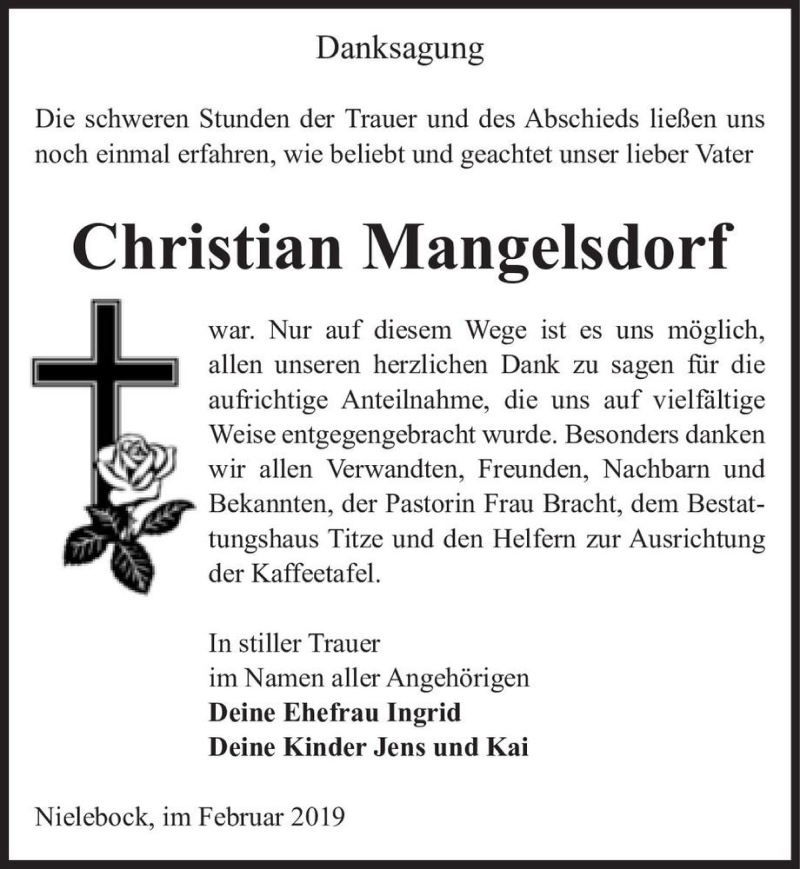  Traueranzeige für Christian Mangelsdorf  vom 16.02.2019 aus Magdeburger Volksstimme