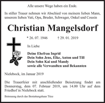Traueranzeige von Christian Mangelsdorf  von Magdeburger Volksstimme
