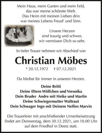 Traueranzeige von Christian Möbes  von Magdeburger Volksstimme