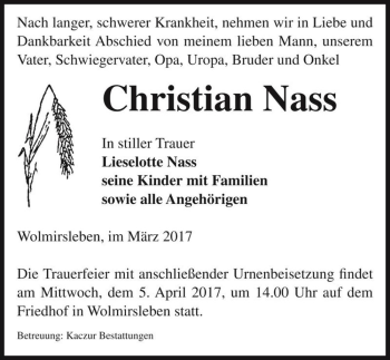 Traueranzeige von Christian Nass  von Magdeburger Volksstimme