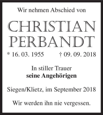 Traueranzeige von Christian Perbandt  von Magdeburger Volksstimme