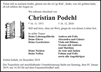 Traueranzeige von Christian Podehl  von Magdeburger Volksstimme