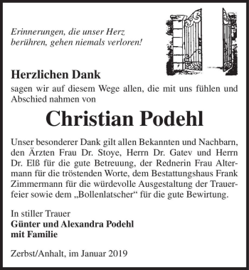 Traueranzeige von Christian Podehl  von Magdeburger Volksstimme