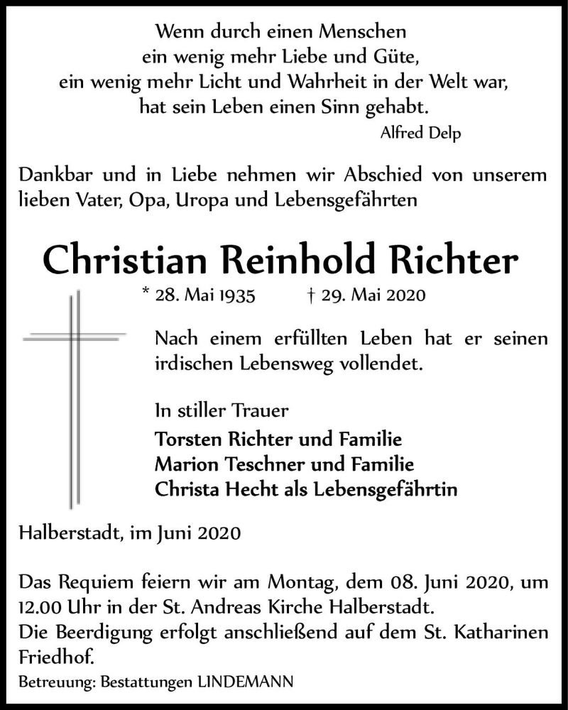  Traueranzeige für Christian Reinhold Richter  vom 06.06.2020 aus Magdeburger Volksstimme