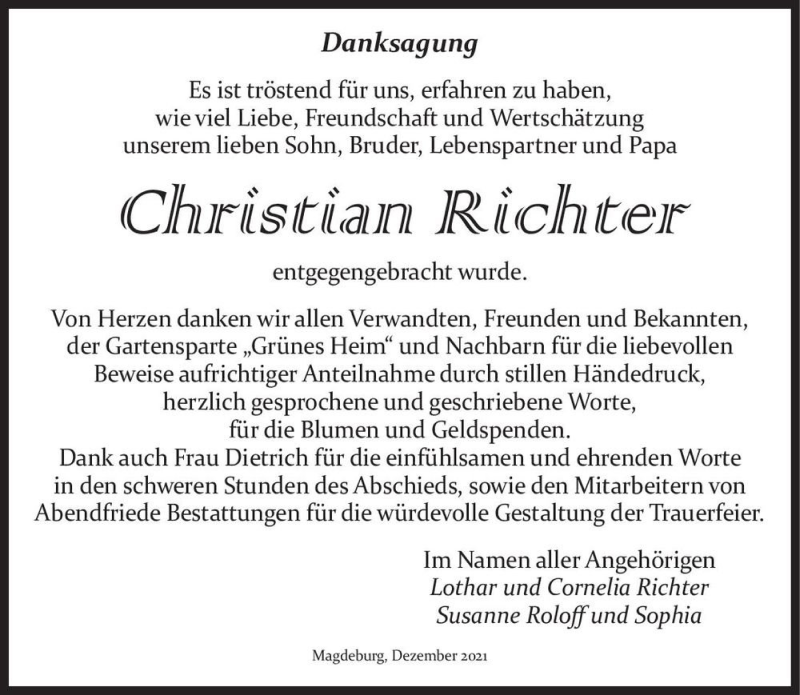  Traueranzeige für Christian Richter  vom 18.12.2021 aus Magdeburger Volksstimme