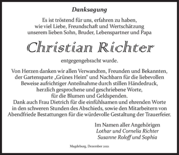 Traueranzeige von Christian Richter  von Magdeburger Volksstimme