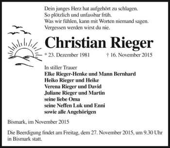 Traueranzeige von Christian Rieger  von Magdeburger Volksstimme