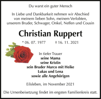 Traueranzeige von Christian Ruppert  von Magdeburger Volksstimme