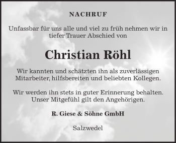 Traueranzeige von Christian Röhl  von Magdeburger Volksstimme