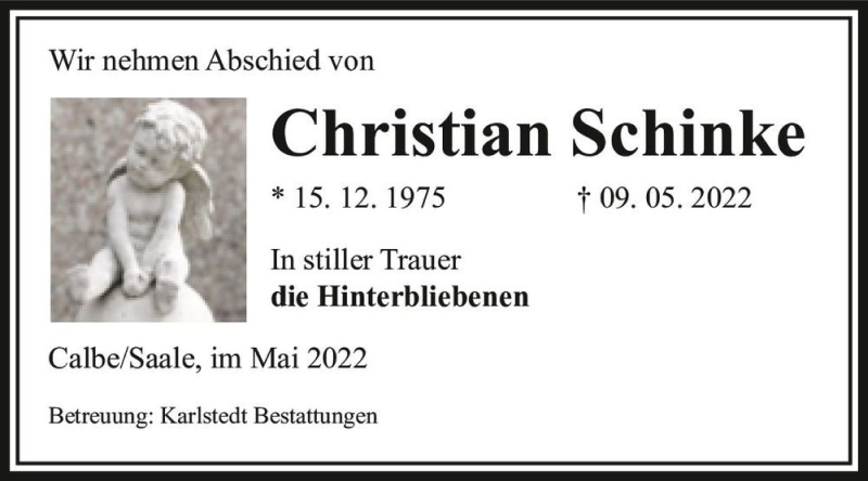  Traueranzeige für Christian Schinke  vom 14.05.2022 aus Magdeburger Volksstimme