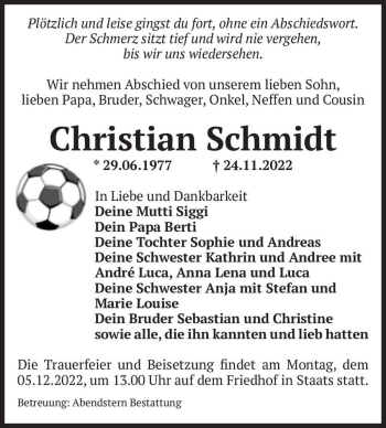 Traueranzeige von Christian Schmidt  von Magdeburger Volksstimme