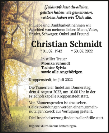 Traueranzeige von Christian Schmidt  von Magdeburger Volksstimme