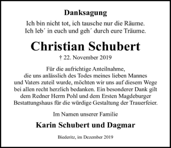 Traueranzeige von Christian Schubert  von Magdeburger Volksstimme