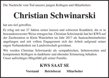 Traueranzeige von Christian Schwinarski  von Magdeburger Volksstimme