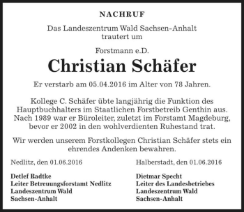 Traueranzeige von Christian Schäfer  von Magdeburger Volksstimme