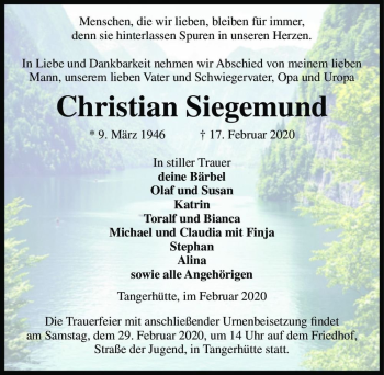 Traueranzeige von Christian Siegemund  von Magdeburger Volksstimme