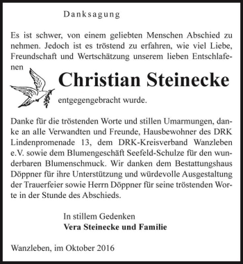 Traueranzeige von Christian Steinecke  von Magdeburger Volksstimme