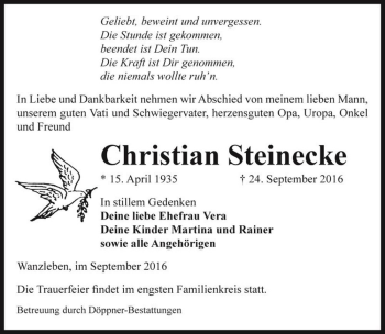 Traueranzeige von Christian Steinecke  von Magdeburger Volksstimme