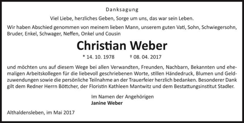  Traueranzeige für Christian Weber  vom 06.05.2017 aus Magdeburger Volksstimme