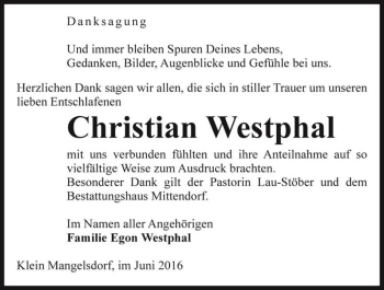 Traueranzeige von Christian Westphal  von Magdeburger Volksstimme