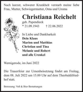 Traueranzeige von Christiana (geb. Papendieck)  von Magdeburger Volksstimme