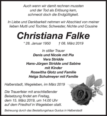 Traueranzeige von Christiana Falke  von Magdeburger Volksstimme