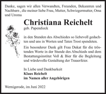 Traueranzeige von Christiana Reichelt (geb. Papendieck)  von Magdeburger Volksstimme
