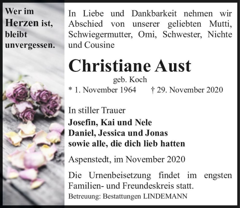  Traueranzeige für Christiane Aust (geb. Koch)  vom 05.12.2020 aus Magdeburger Volksstimme