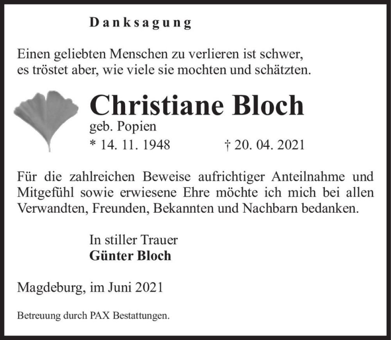  Traueranzeige für Christiane Bloch (geb. Popien)  vom 05.06.2021 aus Magdeburger Volksstimme