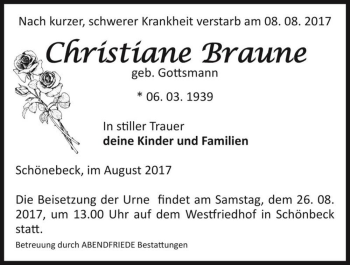 Traueranzeige von Christiane Braune (geb. Gottsmann)  von Magdeburger Volksstimme