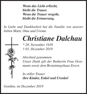 Traueranzeige von Christiane Dalchau  von Magdeburger Volksstimme