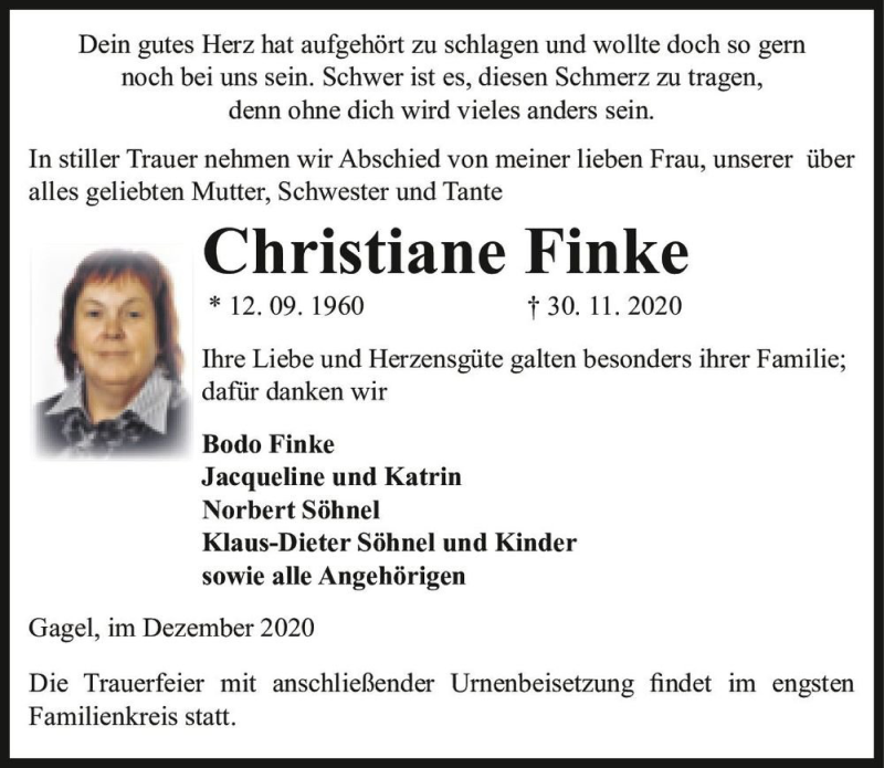  Traueranzeige für Christiane Finke  vom 04.12.2020 aus Magdeburger Volksstimme
