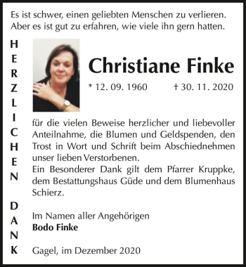 Traueranzeige von Christiane Finke  von Magdeburger Volksstimme