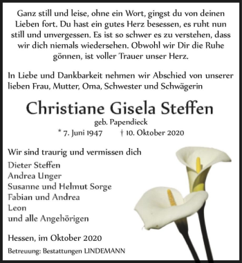 Traueranzeige von Christiane Gisela Steffen (geb. Papendieck)  von Magdeburger Volksstimme
