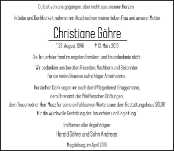 Traueranzeige von Christiane Göhre  von Magdeburger Volksstimme