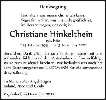 Traueranzeige von Christiane Hinkelthein (geb. Fritz)  von Magdeburger Volksstimme