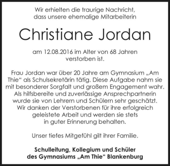 Traueranzeige von Christiane Jordan  von Magdeburger Volksstimme