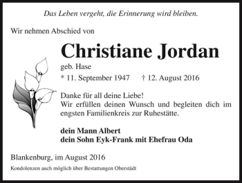 Traueranzeige von Christiane Jordan (geb. Hase)  von Magdeburger Volksstimme