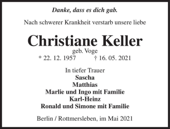 Traueranzeige von Christiane Keller (geb. Voge)  von Magdeburger Volksstimme