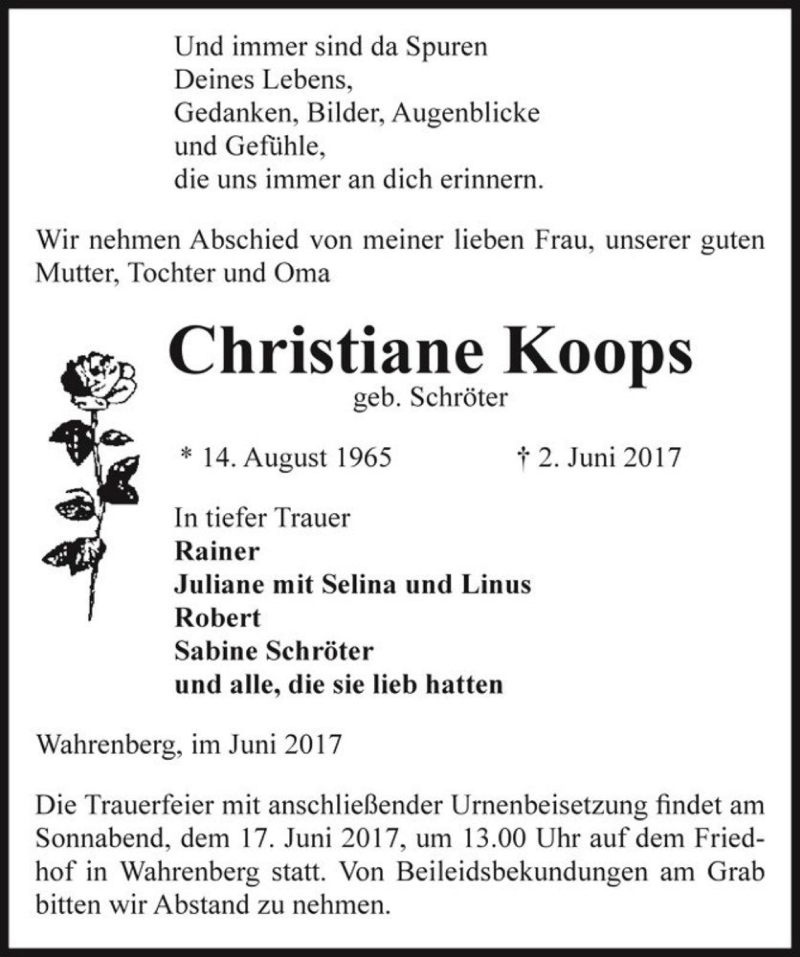  Traueranzeige für Christiane Koops (geb. Schröter)  vom 08.06.2017 aus Magdeburger Volksstimme