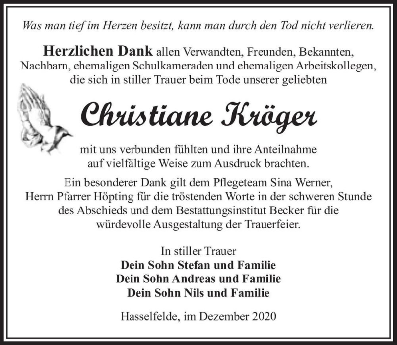  Traueranzeige für Christiane Kröger  vom 19.12.2020 aus Magdeburger Volksstimme