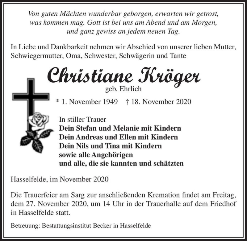 Traueranzeige für Christiane Kröger (geb. Ehrlich)  vom 21.11.2020 aus Magdeburger Volksstimme
