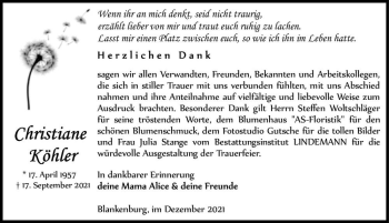 Traueranzeige von Christiane Köhler  von Magdeburger Volksstimme