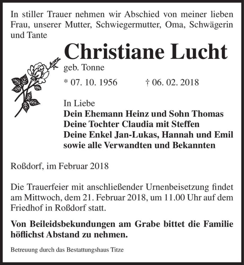  Traueranzeige für Christiane Lucht (geb. Tonne)  vom 10.02.2018 aus Magdeburger Volksstimme