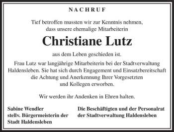Traueranzeige von Christiane Lutz  von Magdeburger Volksstimme
