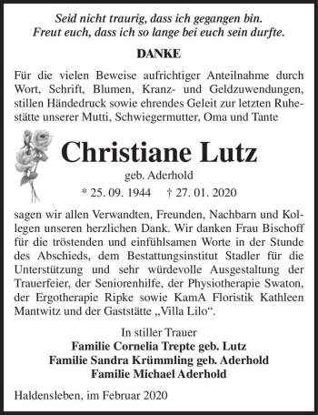 Traueranzeige von Christiane Lutz (geb. Aderhold)  von Magdeburger Volksstimme