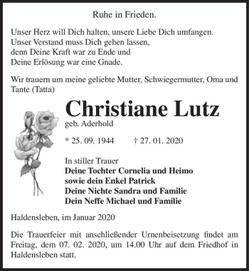 Traueranzeige von Christiane Lutz (geb. Aderhold)  von Magdeburger Volksstimme