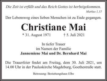 Traueranzeige von Christiane Mai  von Magdeburger Volksstimme