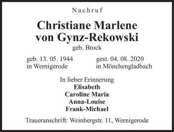 Traueranzeige von Christiane Marlene von Grynz-Rekowski (geb. Brock)  von Magdeburger Volksstimme